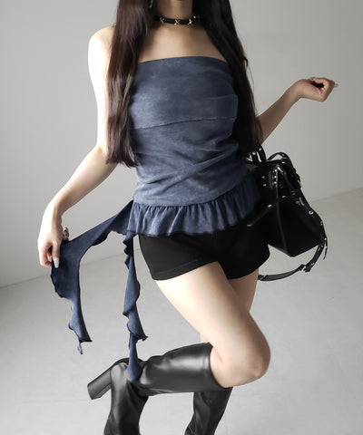 【 ２color 】ヴィンテージピグメントフリルベアトップス ／ vintage pigment frill bare tops