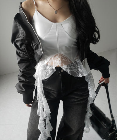 【 ２color 】レースフリルレイヤードビスチェキャミソール ／ lace frill layered bustier camisole