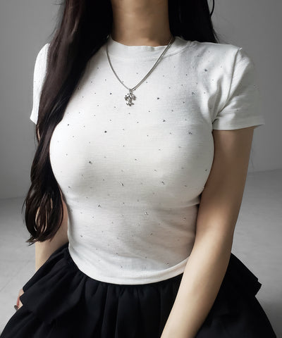 ラインストーン半袖タイトＴシャツ ／ Rhinestone short sleeve tight T-shirt