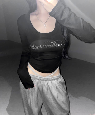 ラインストーンロゴスリムフィットロンT ／ Rhine stone logo slim fit long sleeve T-shirts
