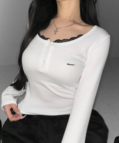 ヘンリーネックロゴプレートレースリブトップス ／　henley neck logo plate lace ribbed tops