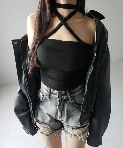 【 ３color ／ カップ付 】ロングチョーカークロスネックキャミソール ／ long choker cross neck camisole