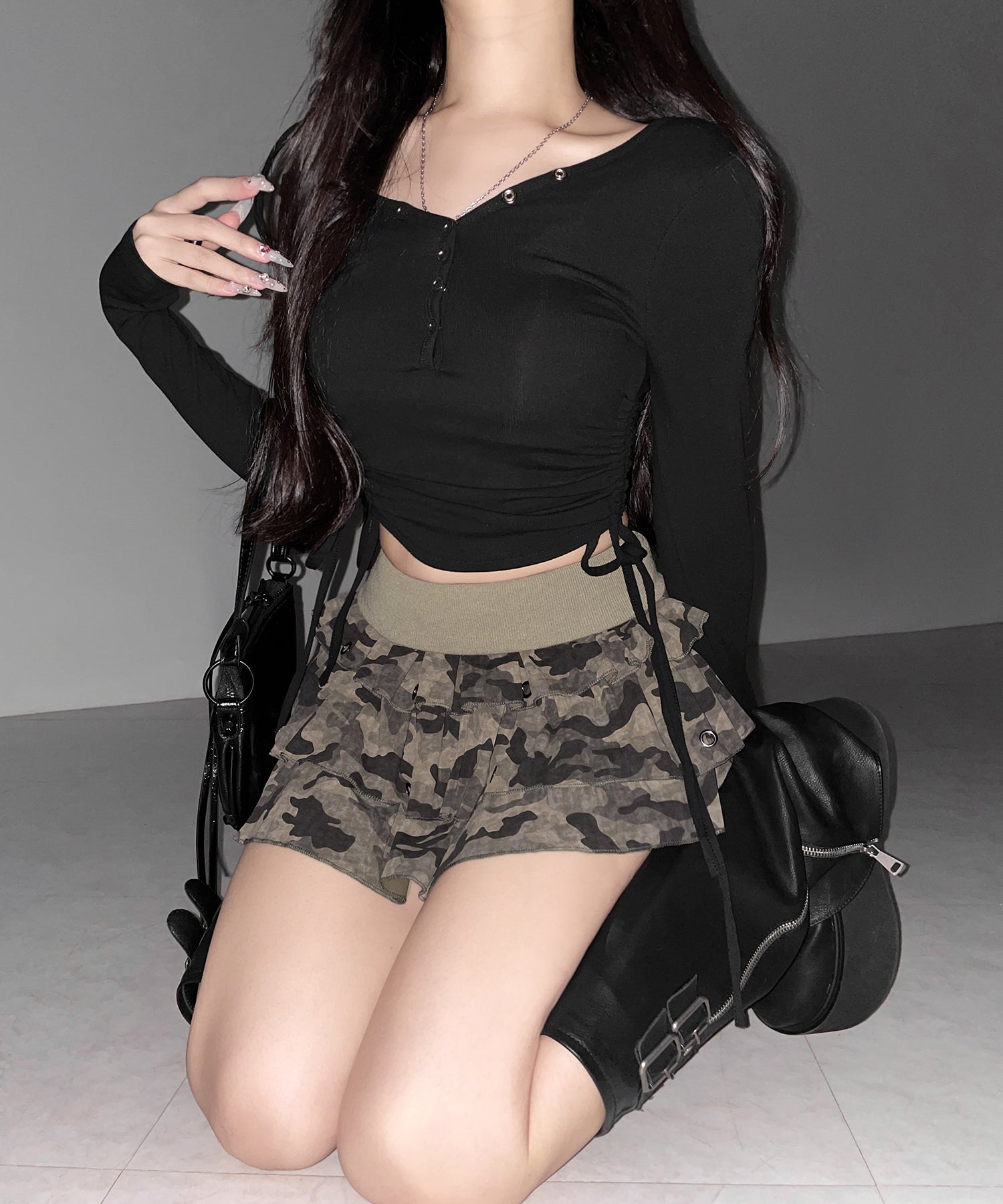 【 インパン裏地付 】ヴィンテージカモフラ迷彩フリルミニスカート ／ vintage camouflage frill mini skirt