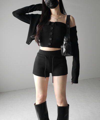 【 2点セット 】フロントボタンベアトップ ＋ クロップドカットソーカーディガン SET ／ front button bare top + cropped cutsaw cardigan SET