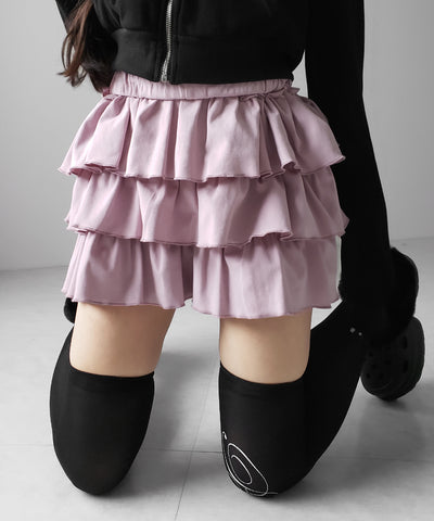 【 新色ピンク追加！４color 】３段フリルカットソーミニスカパン ／ 3 frill cutsew mini skirt pants
