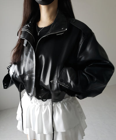 【 ２WAY 】スタンドカラーベルテッドフェイクレザーショートブルゾン ／ stand collar belted fake leather short blouson