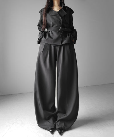 【 上下セットアップ 】ウエストマークショートトレンチコート ＋ タックワイドスラックスパンツ SETUP ／ Waist-mark short trench coat + tuck wide slacks pants