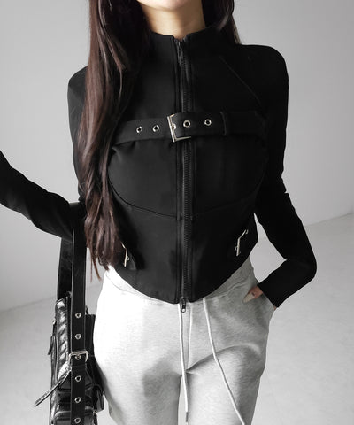 スタンドカラーベルテッドダブルジップスリムトップス ／ stand collar belted double zip slim tops