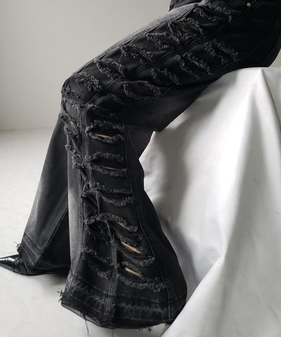 【 ４size 】ヘビークラッシュサイドダメージブラックヴィンテージデニム ／ heavy crush side damage black vintage denim