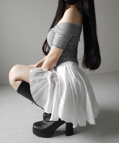 【 ２color ／インパン裏地付き 】ハイウエストドレープフレアミニスカート ／ high waist draped flare mini skirt