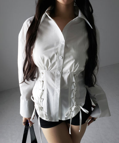 ダブルレースアップリボンシャツ ／ double lace up ribbon shirts