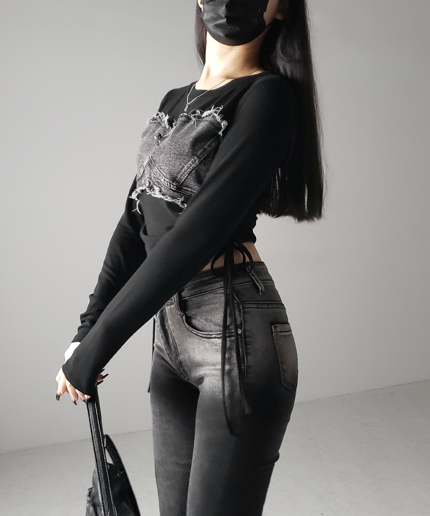 【 ２color 】サイドリボンダメージデニムドッキングＴシャツ ／ side ribbon damage denim docking Tee