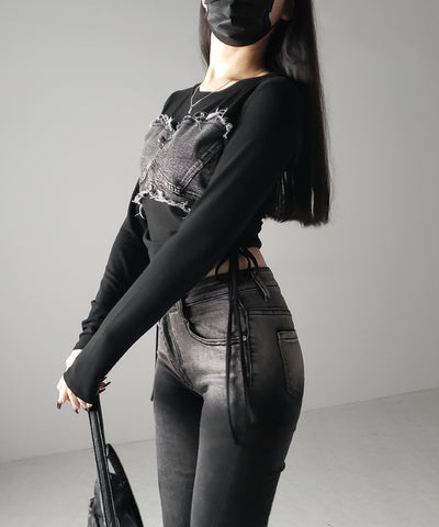 【 ２color 】サイドリボンダメージデニムドッキングＴシャツ ／ side ribbon damage denim docking Tee