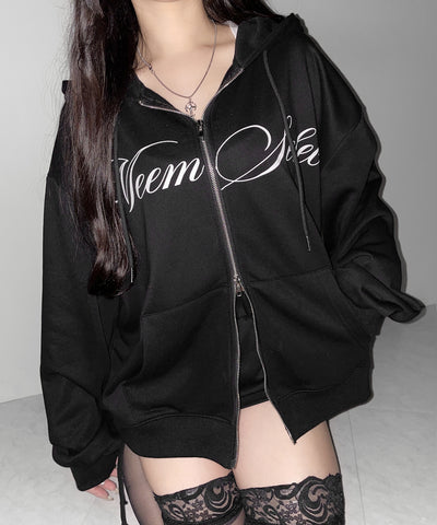 【 セットアップ可能 】レタリングロゴプリントダブルジップビッグパーカー ／ lettering logo print double zip BIG hoodie