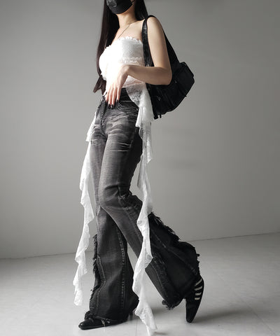 【 ２color 】アシンメトリーフリルレースベアトップス ／ asymmetry frill lace bare tops