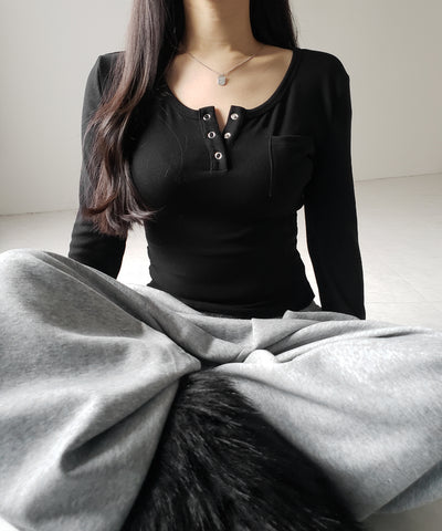 裏起毛ヘンリーネックスリムトップス ／ urakimo henry neck slim tops