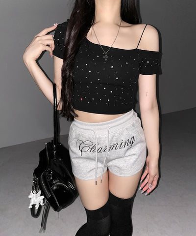ラインストーンワンショルダーショートTシャツ ／ Rhine stone one shoulder short T-shirts