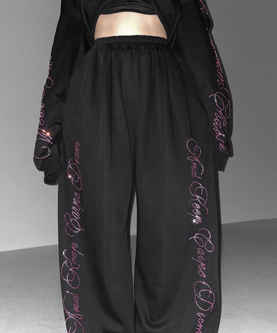 【 セットアップ可能 】ラインストーンロゴワイドスウェットパンツ ／ Rhine stone logo wide sweatpants