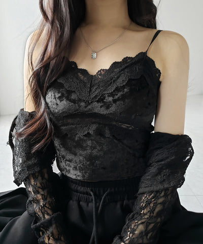 【 カップ付き 】ダブルレースベロアショートビスチェキャミソール ／ double lace velor short bustier camisole