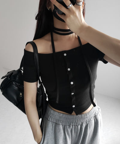 【 ２WAY 】ストラップリボンオフショルダーリブトップス ／ strap ribbon off shoulder rib tops