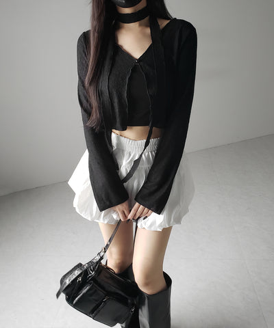 【 ２color ／ ２WAY 】チョーカーロングタイ付きショートシアーカーディガン ／ choker long tie set short sheer cardigan