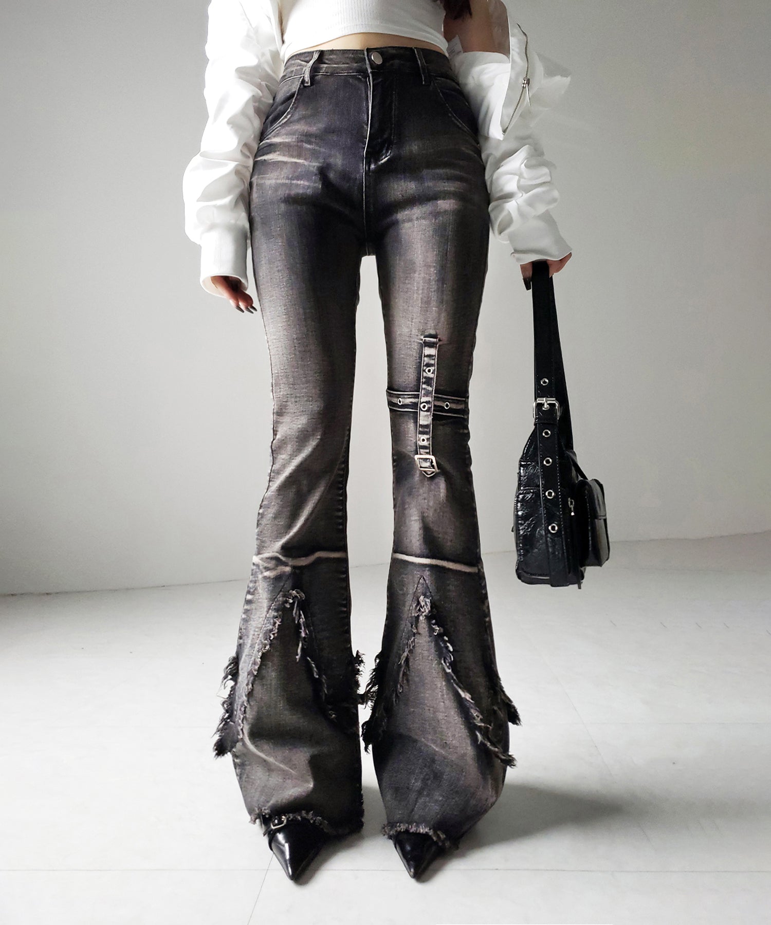 【 ２color ／ ４size 】クロスデザインヴィンテージライクフリンジストレッチフレアデニム ／ cross design vintage-like fringe stretch flare denim