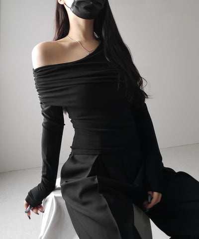 【 ２color ／ 裏起毛 】ワンショルダードレープギャザースリムトップス ／ One-shoulder draped gather slim tops