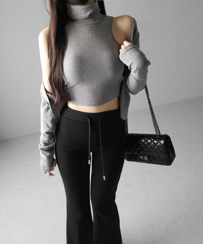 【 裏微起毛 ／ 2点セット 】ハイネックノースリーブトップス ＋ ショートカーディガン SET ／ high neck nosleeve tops + short cardigan SET