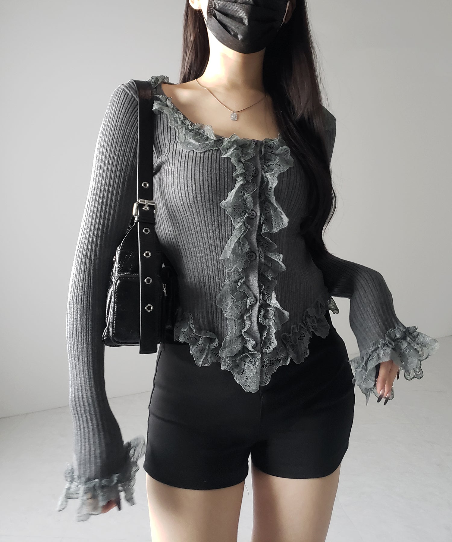 【 ３color 】レースフリルドッキングリブニットカーディガン ／ lace frill docking rib knit cardigan