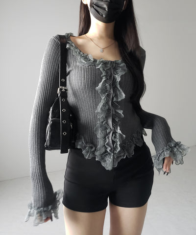 【 ３color 】レースフリルドッキングリブニットカーディガン ／ lace frill docking rib knit cardigan