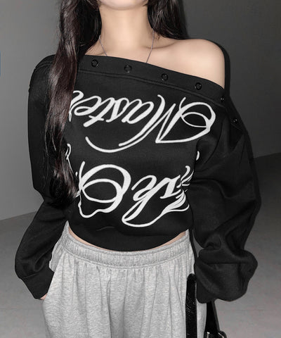レタリングロゴワンショルスウェットトップス ／ Lettering logo one-shoulder sweat tops