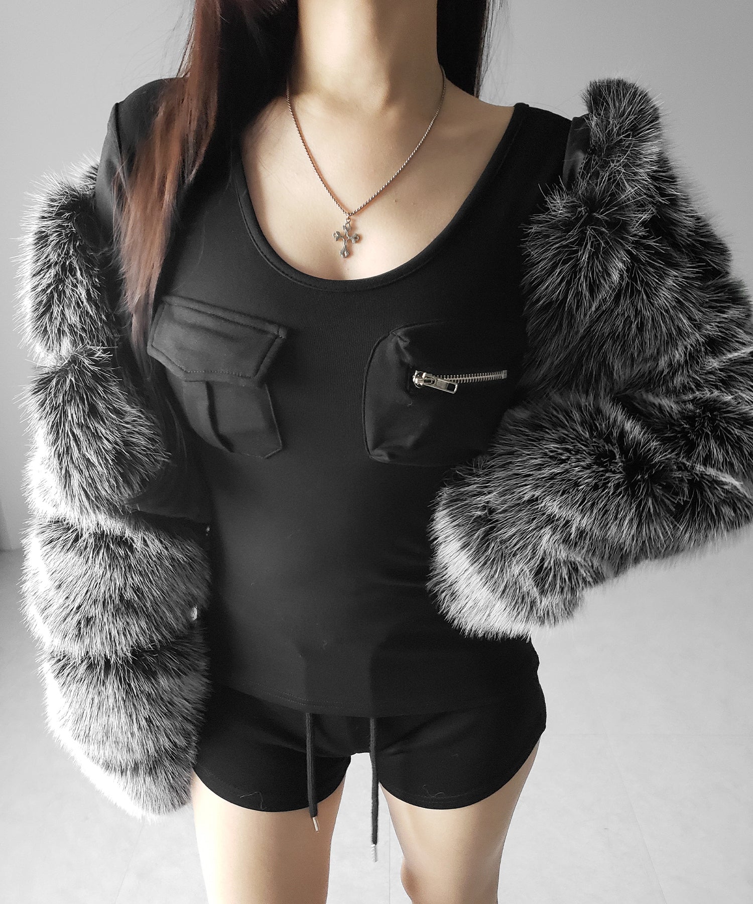 【 裏起毛 】アウトポケットオープンネックスリムトップス ／ out pocket open neck slim tops