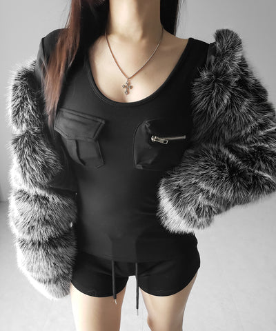 【 裏起毛 】アウトポケットオープンネックスリムトップス ／ out pocket open neck slim tops