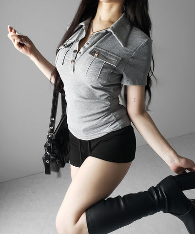 アウトポケットポロネックリブカットソートップス ／ out pocket polo neck rib cutsew tops