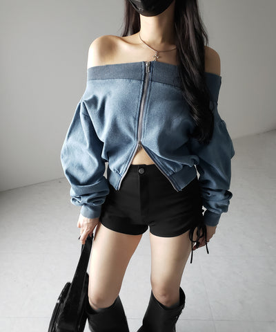 【 ２color 】ダブルジップピグメントオフショルスウェットトップス ／ double zip pigment off shoulder sweat tops