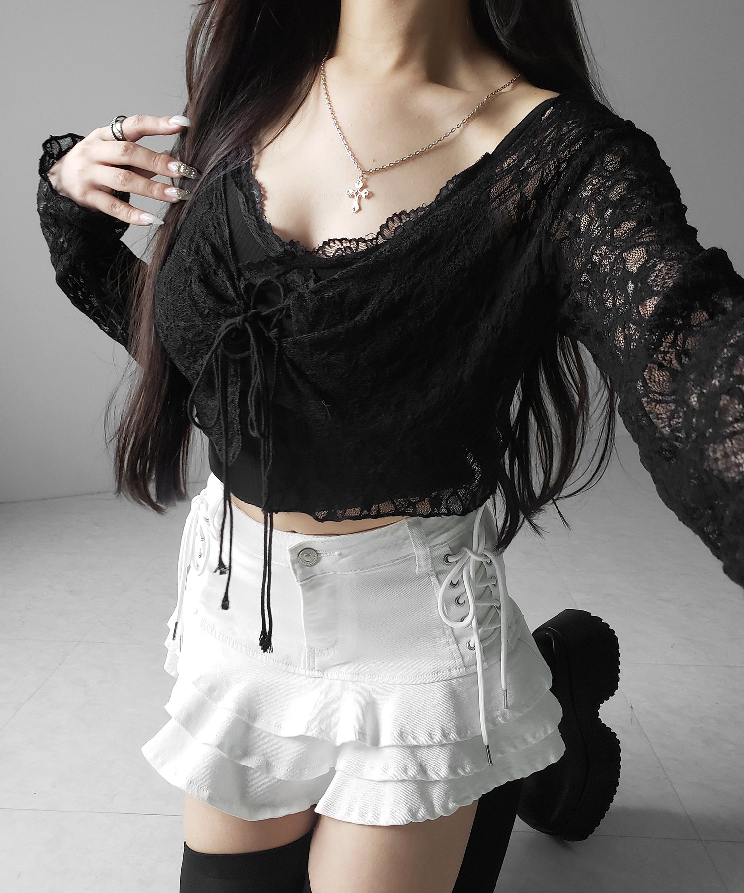 【 インパン裏地付 】レースアップブラックフリルミニスカート ／ laceup black frill mini skirt