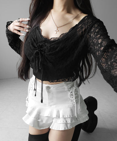 【 インパン裏地付 】レースアップブラックフリルミニスカート ／ laceup black frill mini skirt
