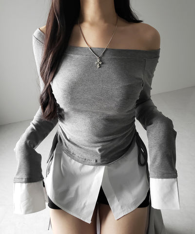 【 ２color ／ ２WAY 】シャツドッキングサイドリボンワンショルトップス ／shirt docking side ribbon oneshoulder tops