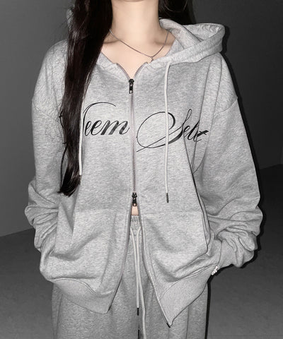 【 セットアップ可能 】レタリングロゴプリントダブルジップビッグパーカー ／ lettering logo print double zip BIG hoodie
