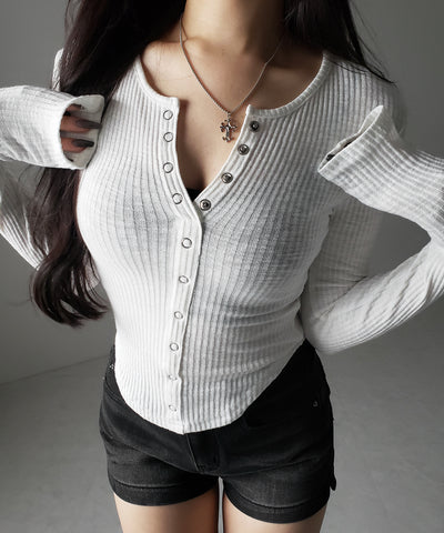 スナップボタンタイトリブカットソートップス ／ snap button tight ribbed cutsew tops