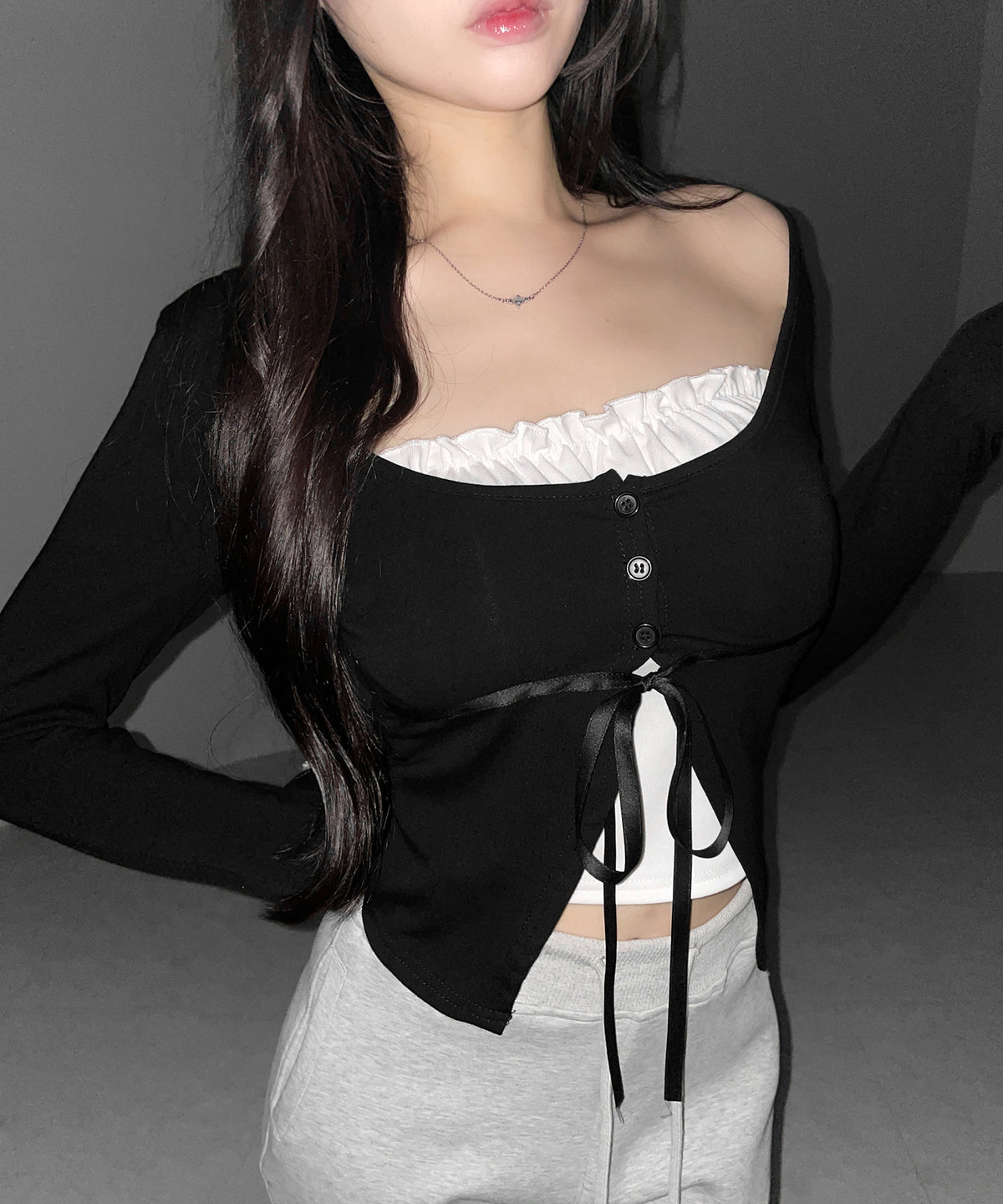 フリルレイヤードリボンカーディガントップス ／ frill layered ribbon cardigan tops