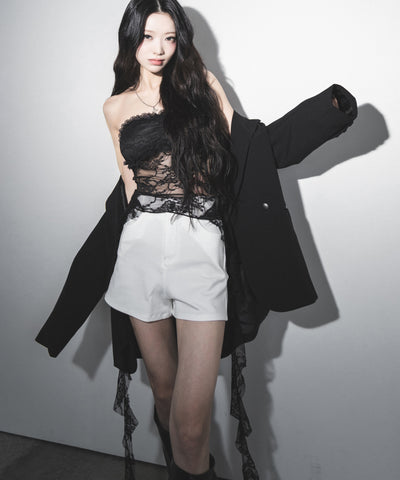 【 ２color 】アシンメトリーフリルレースベアトップス ／ asymmetry frill lace bare tops