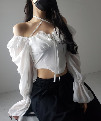 【 ２color ／ ２WAY 】フロントリボンクロスネックオフショルシフォンブラウス ／ front ribbon cross neck off-shoulder chiffon blouse