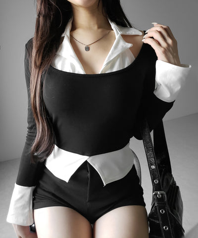 カットアウトフェイクレイヤード長袖Ｔシャツ ／ shirts like cutout fake layered long sleeve T-Shirt