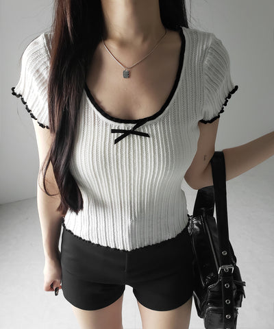 【 ２color 】ミニリボンオープンネック半袖ニットトップス ／ mini ribbon open neck short sleeve knit tops