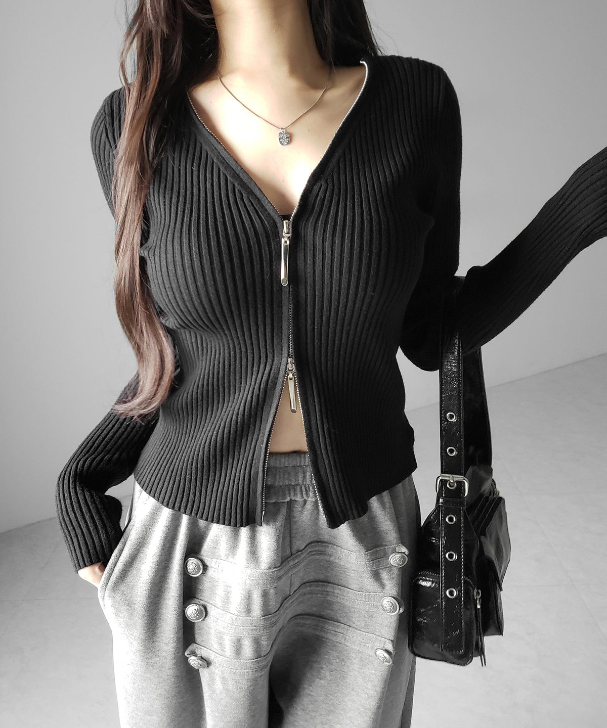 ダブルジップスリムリブニットカーディガン ／ double zip slim rib knit cardigan