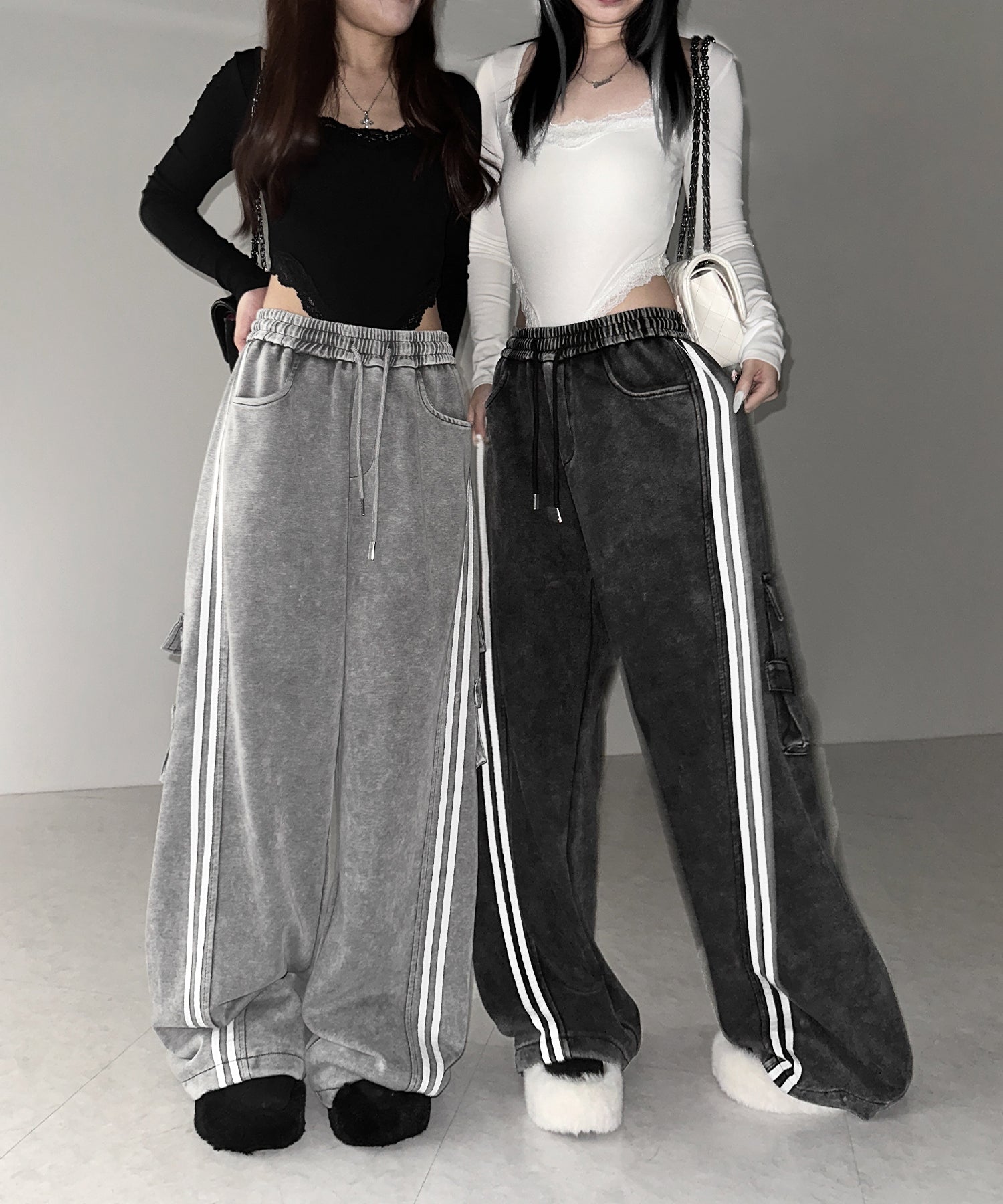 【 裾絞り可能２WAY 】サイドラインピグメントワイドカーゴスウェットパンツ ／ sideline pigment wide cargo sweatpants