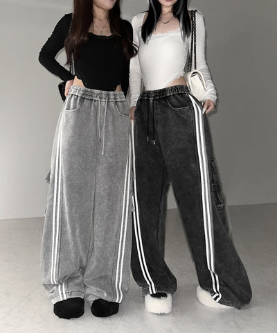 【 裾絞り可能２WAY 】サイドラインピグメントワイドカーゴスウェットパンツ ／ sideline pigment wide cargo sweatpants