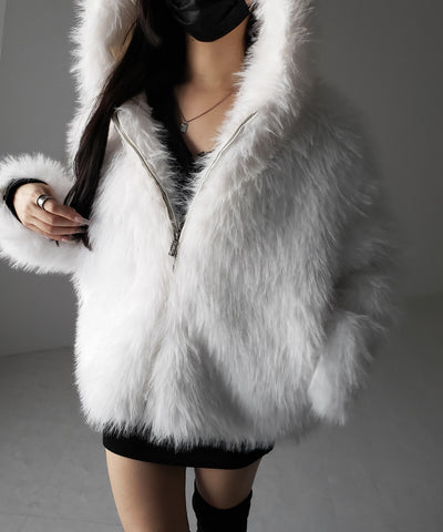 フェイクファーフーディミドルコート ／ fake fur hoodie middle coat
