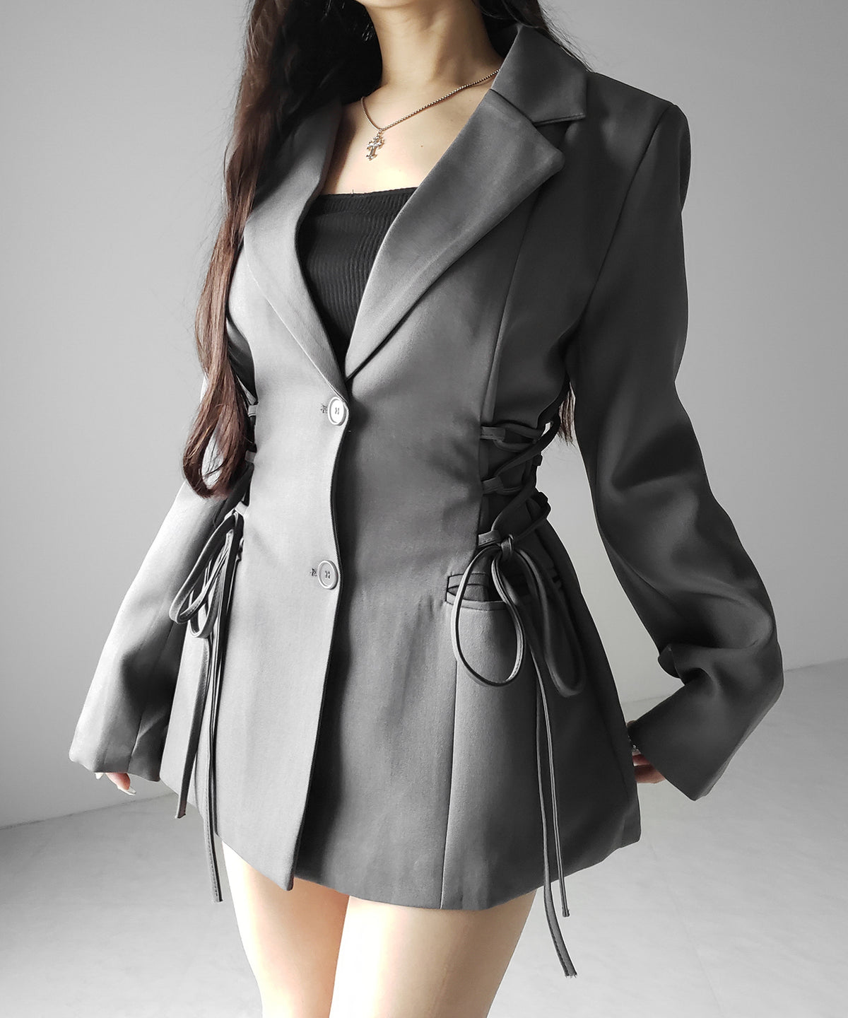 レースアップリボンスリムテーラードジャケット ／ lace-up ribbon slim tailored jacket